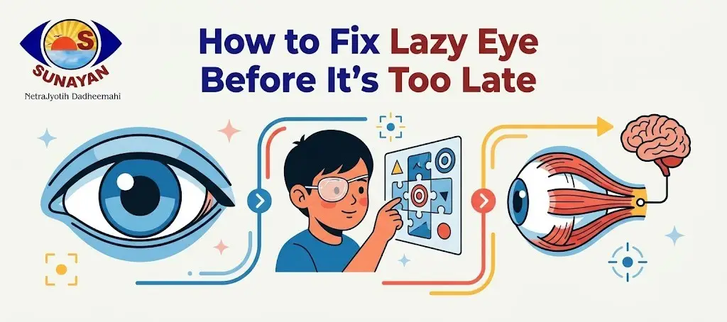 Informational illustration about lazy-eye treatment: a large eye on the left, a child studying a diagram in the center, and a brain-connected eye on the right, with the title 'How to Fix Lazy Eye Before It’s Too Late' and the Sunayan logo.