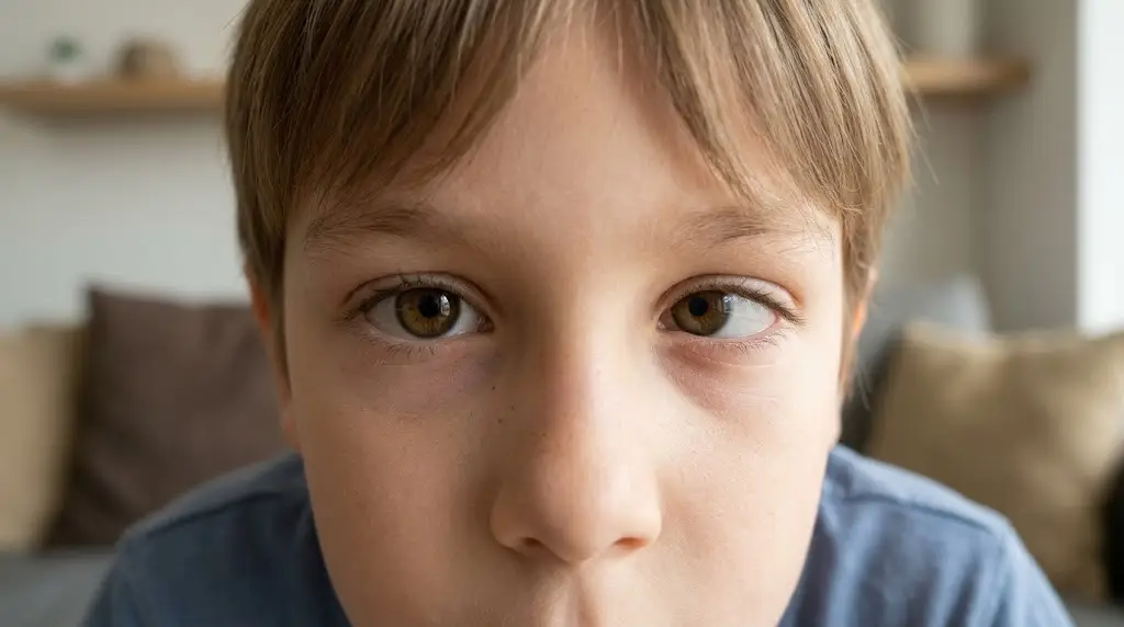 Close-up of a young boy's face with brown eyes looking at the camera in a living room setting.