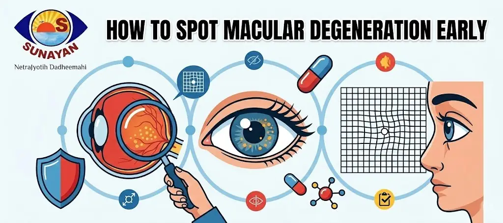 Banner about spotting macular degeneration early, featuring an eye diagram and medical icons for eye health awareness.