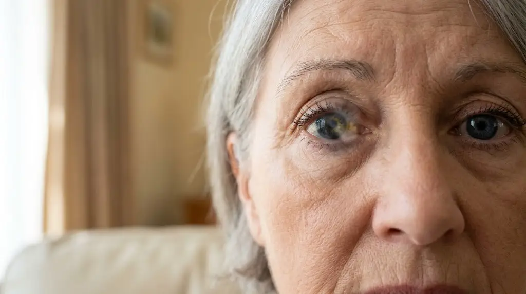 Close-up of a senior woman's face, focusing on wide eyes and a tense expression as she looks toward the camera.