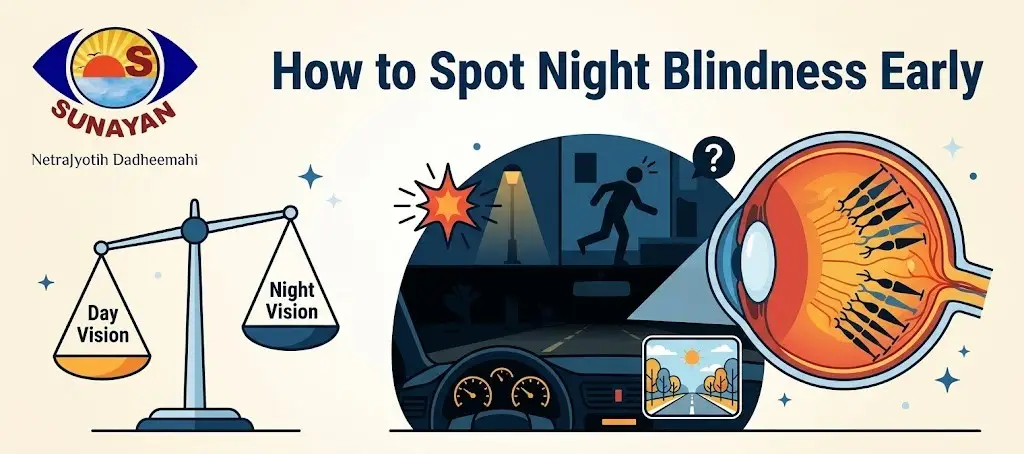 Educational infographic about night blindness: day vs. night vision scales, a car driver at night, a large eye close-up, and the title 'How to Spot Night Blindness Early' with Sunayan logo on the left.