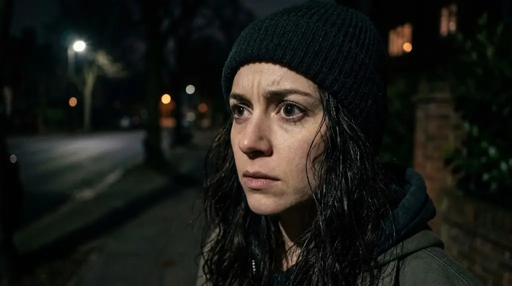 Close-up of a woman in a black beanie at night, looking worried on a dimly lit street.