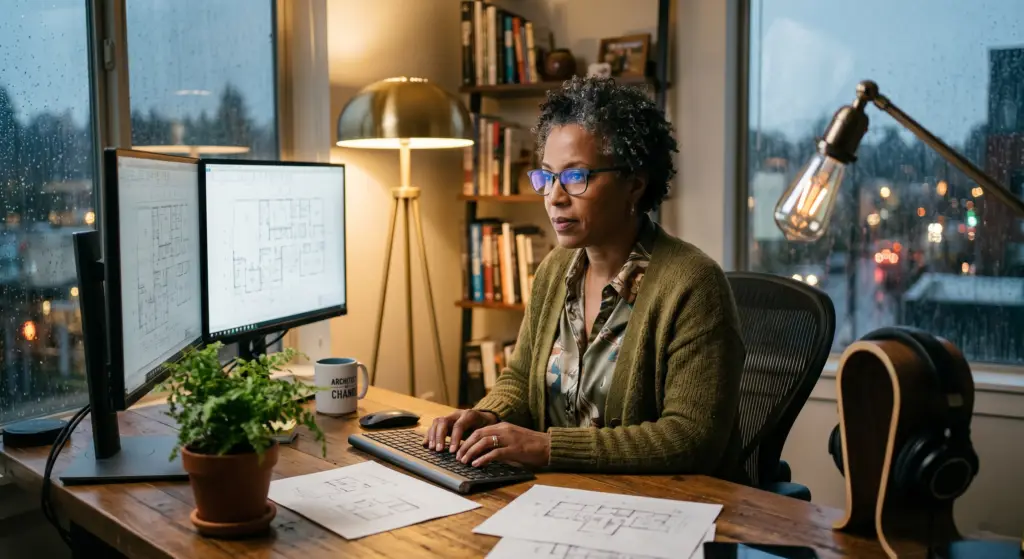 Woman architect at a wooden desk types on a keyboard as two monitors show floor plans; rain outside the window behind.