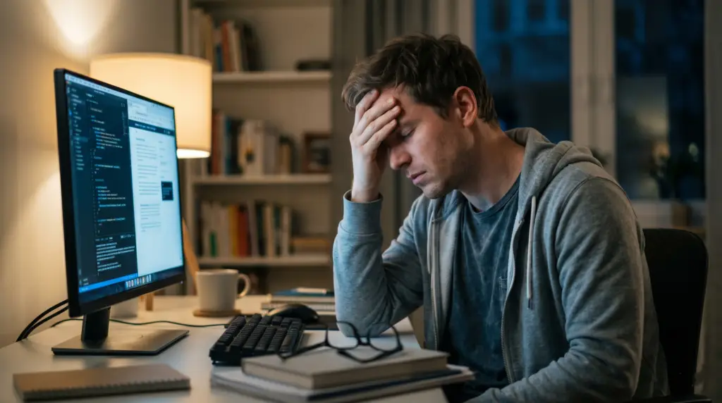 Man sits at desk with coding on a large monitor, head in hand in a gesture of frustration or fatigue during evening hours in a dimly lit home office.