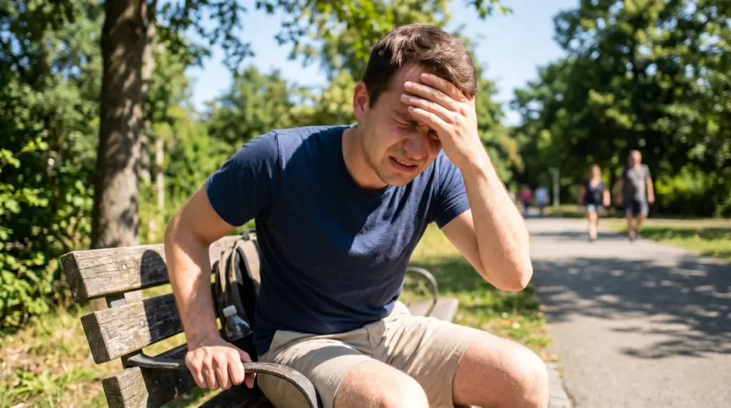Man sits on a wooden park bench, wearing a blue shirt, hand on his forehead in apparent pain or frustration as he rests outdoors on a sunny day.