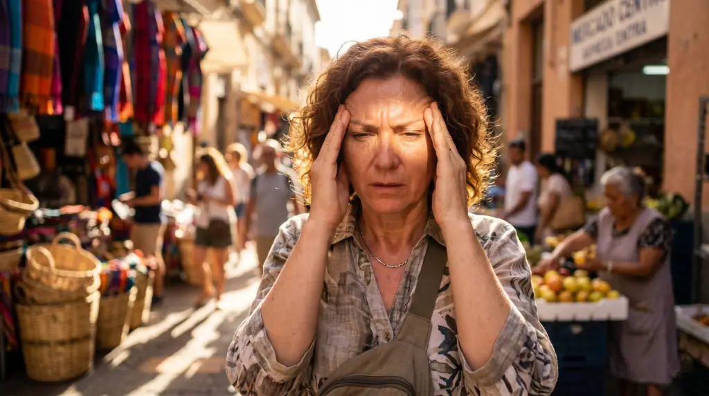 Woman in a sunlit outdoor market massages her temples with both hands, colorful stalls in the background.