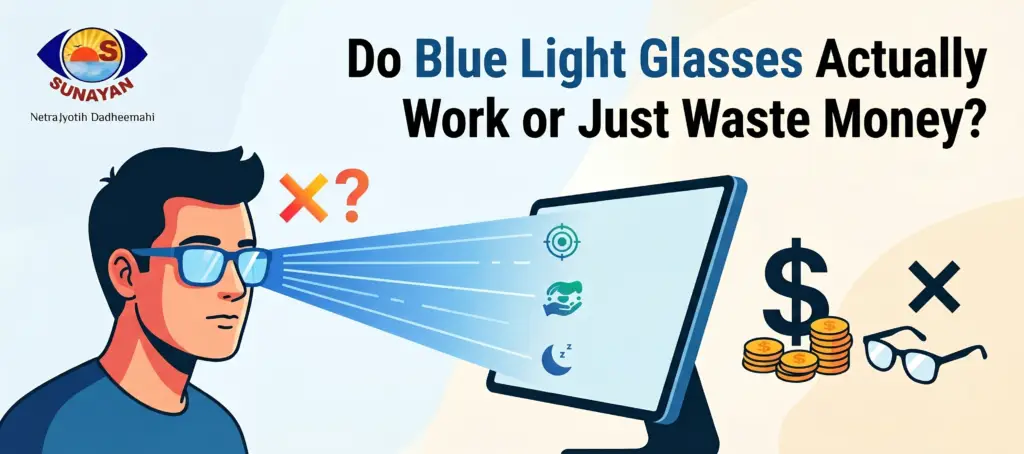 Banner explaining whether blue light glasses work, with a person wearing blue‑tinted glasses looking at a tablet and aSunayan logo on the left; title reads: 'Do Blue Light Glasses Actually Work or Just Waste Money?'.