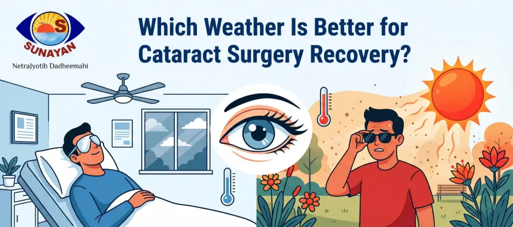 Informational banner comparing cataract surgery recovery in cool indoor weather (patient resting in hospital) vs hot sunny outdoor weather (man with sunglasses) with Sunayan logo on left.