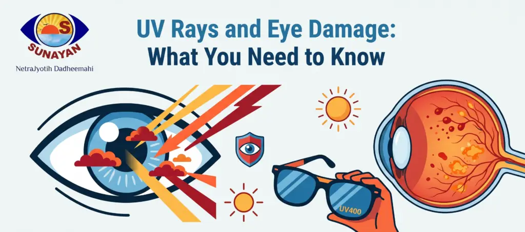 Banner about UV rays and eye damage showing an eye graphic, sun, sunglasses, and the Sunayan logo.