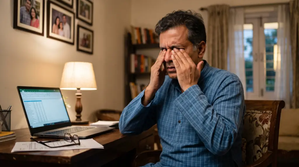 Man sits at a home desk, hands covering his eyes in apparent fatigue or stress beside a laptop and papers in a cozy, dimly lit room.