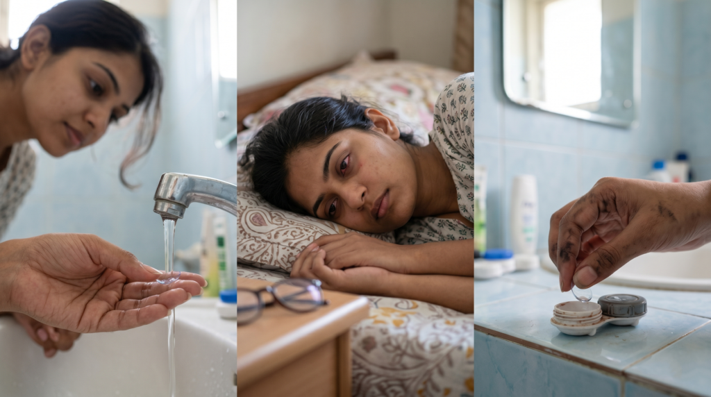 Person washes hands under running water, a sick-looking woman rests on a bed, and a hand handles a contact lens near a bathroom counter with bottles nearby.