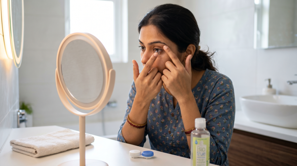 Woman at a bathroom vanity inserts a contact lens while looking in a round mirror. A bottle of contact solution and folded towels are on the counter nearby.