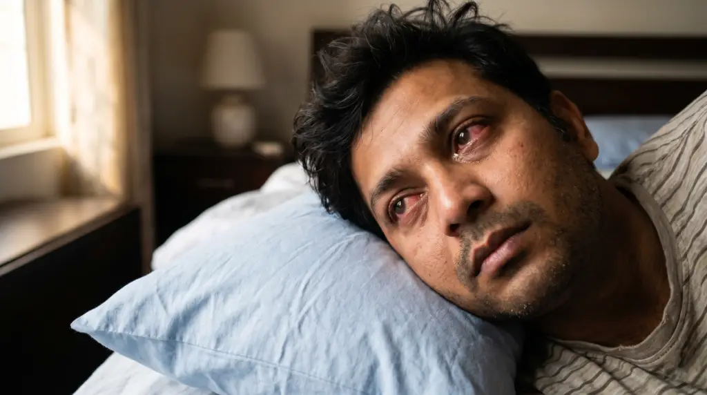 Close-up of a man with bloodshot eyes resting on a blue pillow in bed.