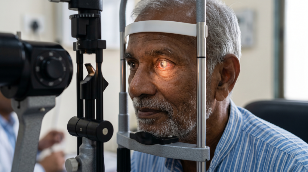 Elderly man undergoing an eye examination with a slit lamp, focusing on his eye on the device in a clinical setting.