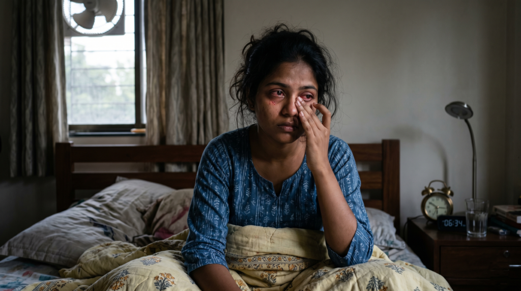 Woman sitting on a bed in a dim bedroom, rubbing her red, tired eyes with one hand.