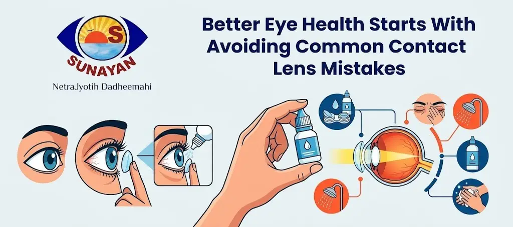 contact lens - Sunayan Eye Care Bargarh - Sunayan Eye Care Bargarh Eye health infographic about avoiding common contact lens mistakes, featuring a hand with lens solution and a close-up eye diagram.