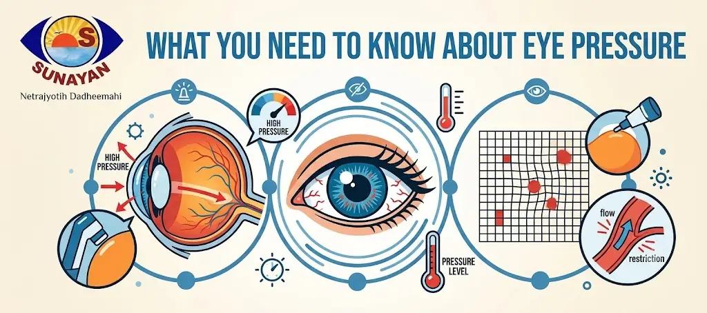 eye pressure - Sunayan Eye Care Bargarh - Sunayan Eye Care Bargarh Infographic on eye pressure showing a cross-section of an eye, a large central eye, pressure gauges, a grid with red spots, and a Sunayan logo in the corner.