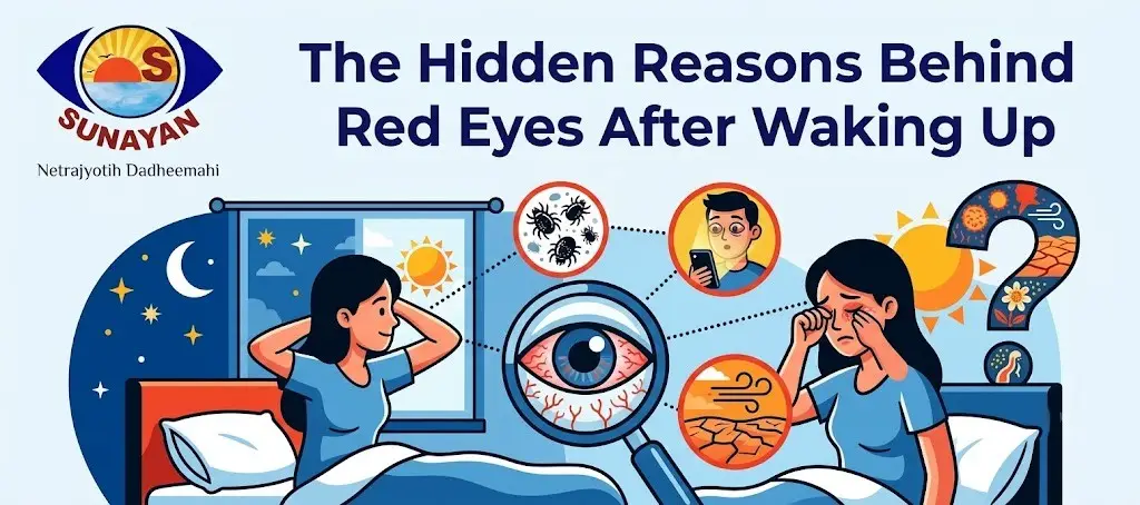 red eyes - Sunayan Eye Care Bargarh - Sunayan Eye Care Bargarh Banner for an article titled 'The Hidden Reasons Behind Red Eyes After Waking Up' with two people in bed, a magnified eye, and circular icons (dust, pathogens, weather) around them.