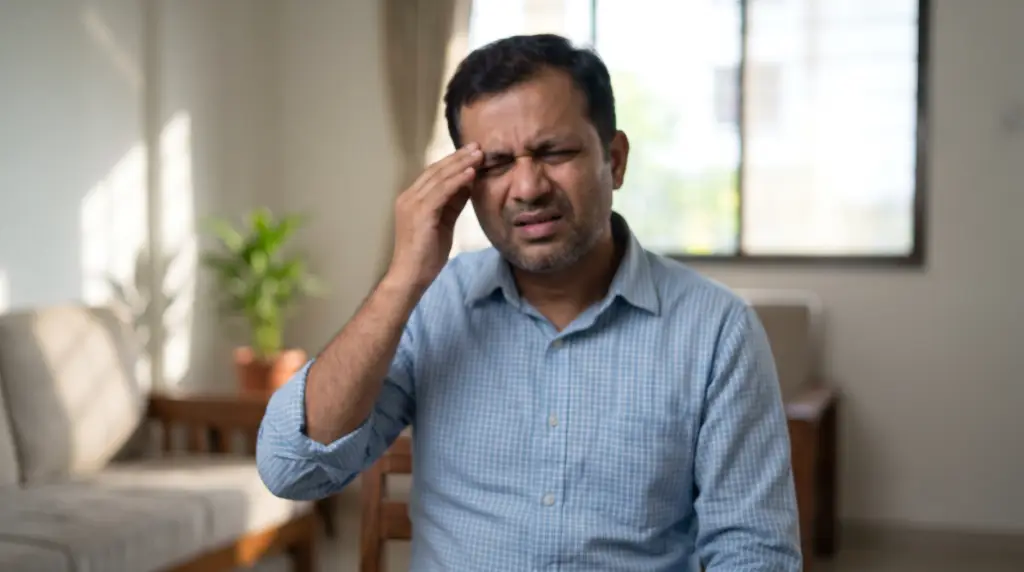 Man sitting indoors, eyes closed, holding his temple in apparent headache or discomfort at home.