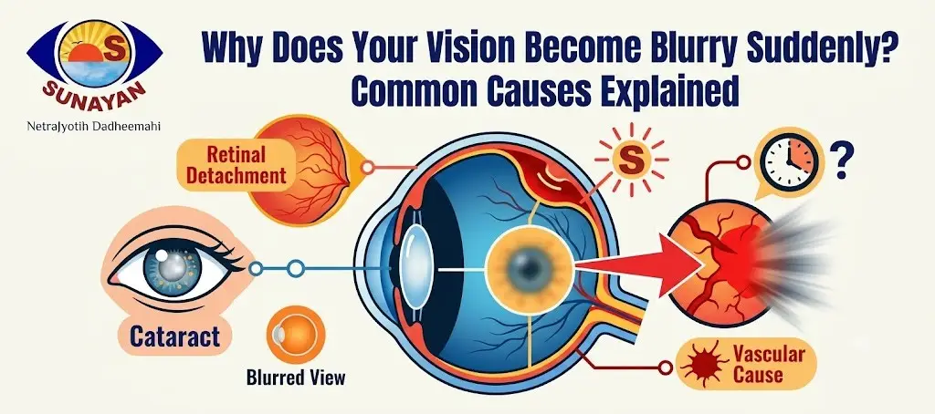 Informational infographic showing sudden blurred vision causes: cataract, retinal detachment, vascular cause, with a central eye diagram and a sinking sunset graphic and labels.