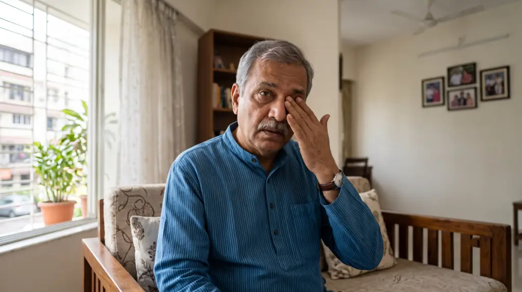 Older man in a blue striped shirt sits on a sofa, rubbing his eye in a bright living room with framed photos on the wall.