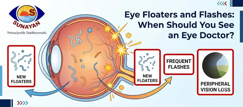 Infographic of an eye showing floaters and flashes, with labels 'New Floaters', 'Frequent Flashes', and 'Peripheral Vision Loss'.