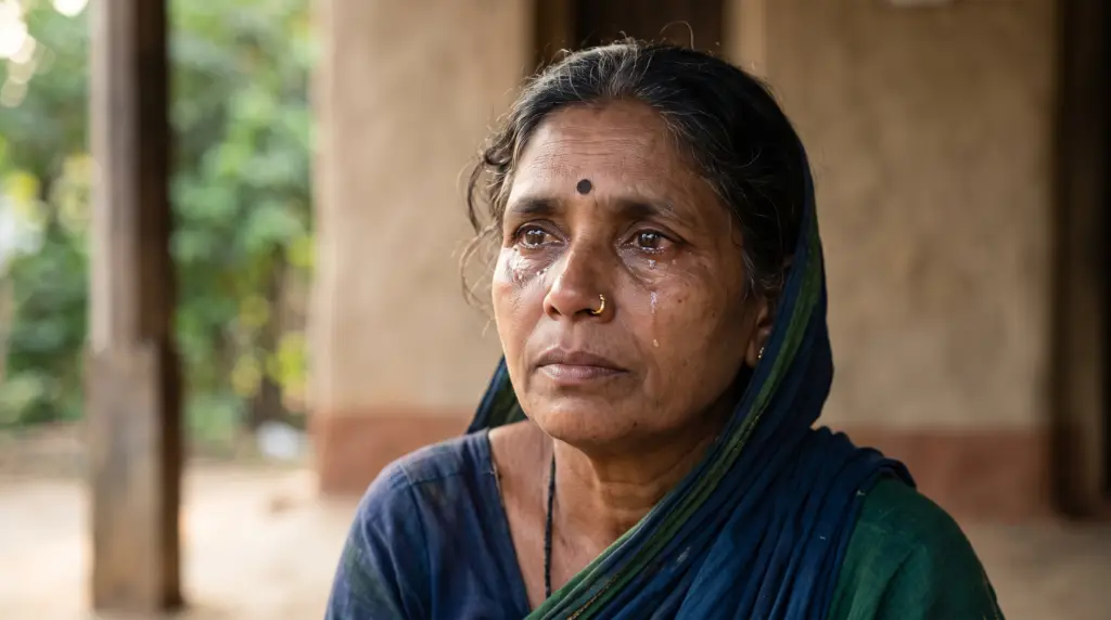 Portrait of a thoughtful Indian woman in a blue sari with a bindi and nose ring, looking off to the side.