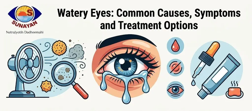 Informational banner on watery eyes—causes, symptoms and treatment options, featuring a teary eye and related icons (drops, tube) and a magnifying glass with germs.